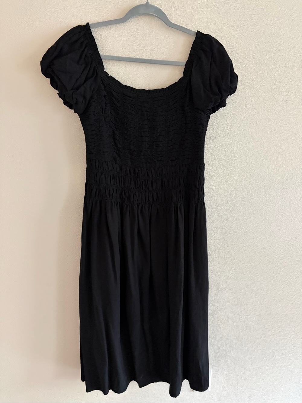 Black Smocked Midi Dress with Puff Sleeves